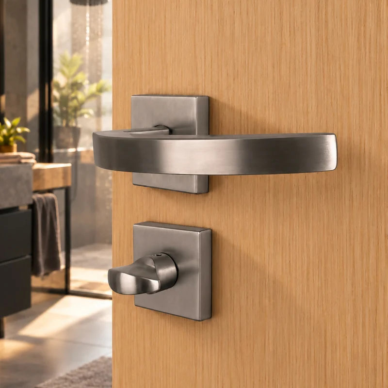 2 poignées de porte sur rosace ORION, Verrou de condamnation pour salle de bain/WC, Finition Inox 304 nickel mat