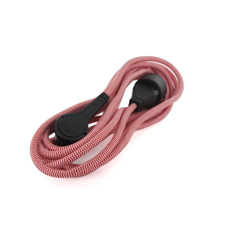 Textile extension cord white/red - with black flat plug - 3m