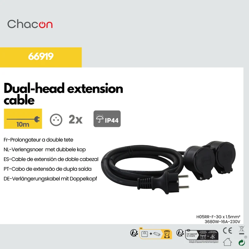 Extension cord HO5RR-F 3 x1,5mm2- IP44 Dual-Head - 10m