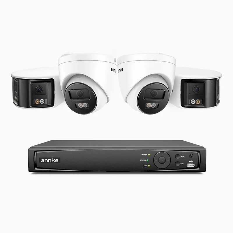 ANNKE Système de Surveillance PoE 4K 8MP 8 Canaux avec 4 Caméras, 2 × Double Objectif 180° + 2 × Caméras IP 4K, Détection de Personnes/Véhicules, Vision Nocturne en Couleur