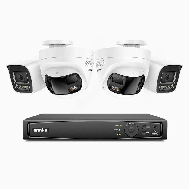 ANNKE Système de Surveillance PoE 4K 8MP 8 Canaux avec 4 Caméras, 2 × Double Objectif 180° + 2 × Caméras IP 4K, Détection de Personnes/Véhicules, Vision Nocturne en Couleur