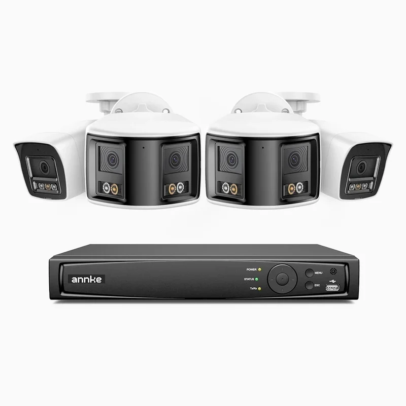 ANNKE Système de Surveillance PoE 4K 8MP 8 Canaux avec 4 Caméras, 2 × Double Objectif 180° + 2 × Caméras IP 4K, Détection de Personnes/Véhicules, Vision Nocturne en Couleur