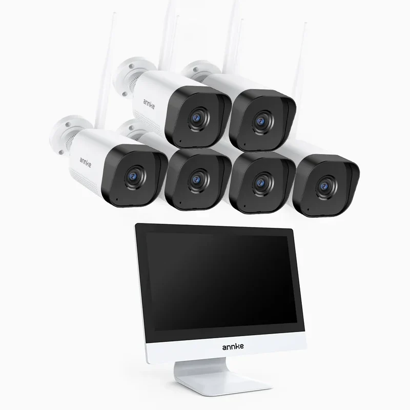 WTL500 - Kit vidéo surveillance sans fil 5MP avec écran 12", NVR 10 canaux et 6 caméras, vision nocturne EXIR, audio bidirectionnel, compatible Alexa, IP66