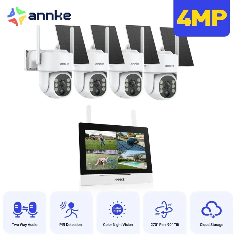 WTB400 - Kit de vidéosurveillance sans fil 4MP avec écran 7", NVR 4 canaux et 4 caméras solaires, détection de mouvement, audio bidirectionnel, batterie rechargeable 9000 mAh, rotation 270° et inclinaison 90°, compatible Alexa