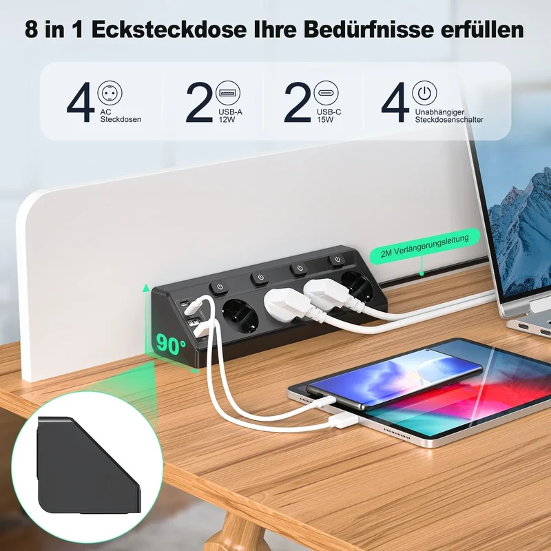 Multiprise Angle 4 Voies avec USB & Type-C