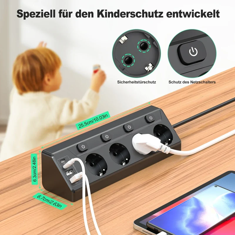 Multiprise Angle 4 Voies avec USB & Type-C