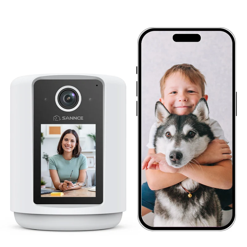 2K Battery Powered Wire-Free IP Camera with 2.4 inch Screen, Soft Night Light, One Click Call, Two-Way Audio WiFi Baby Monitor for Home Security Dog/Cat/Puppy, Night Vision, AI Motion Detection