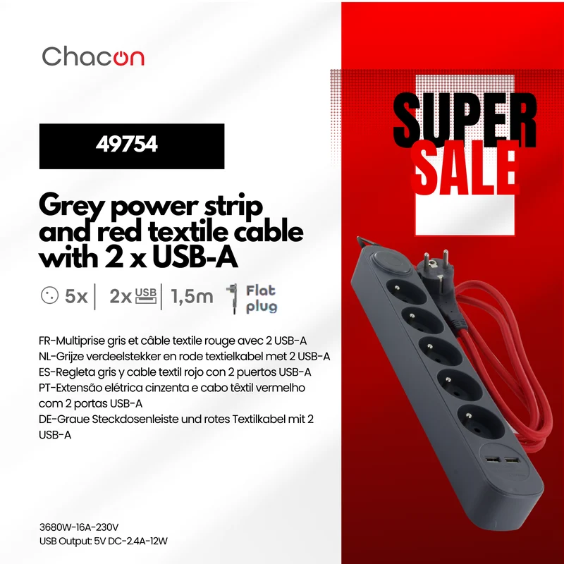 Grey power strip and red textile cable with 2 USB - 1,5m