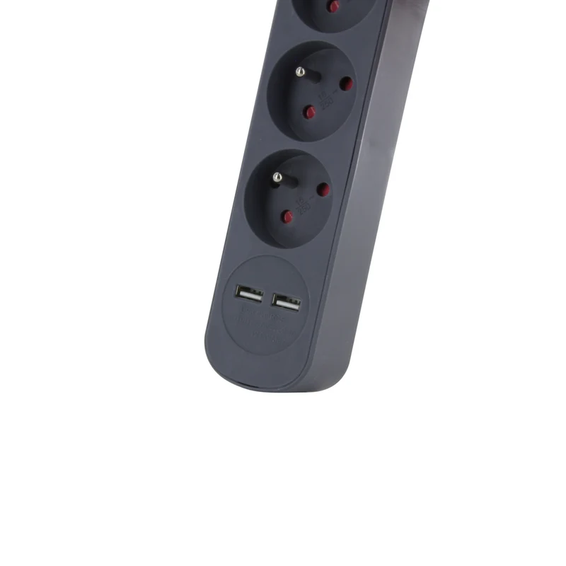 Grey power strip and red textile cable with 2 USB - 1,5m