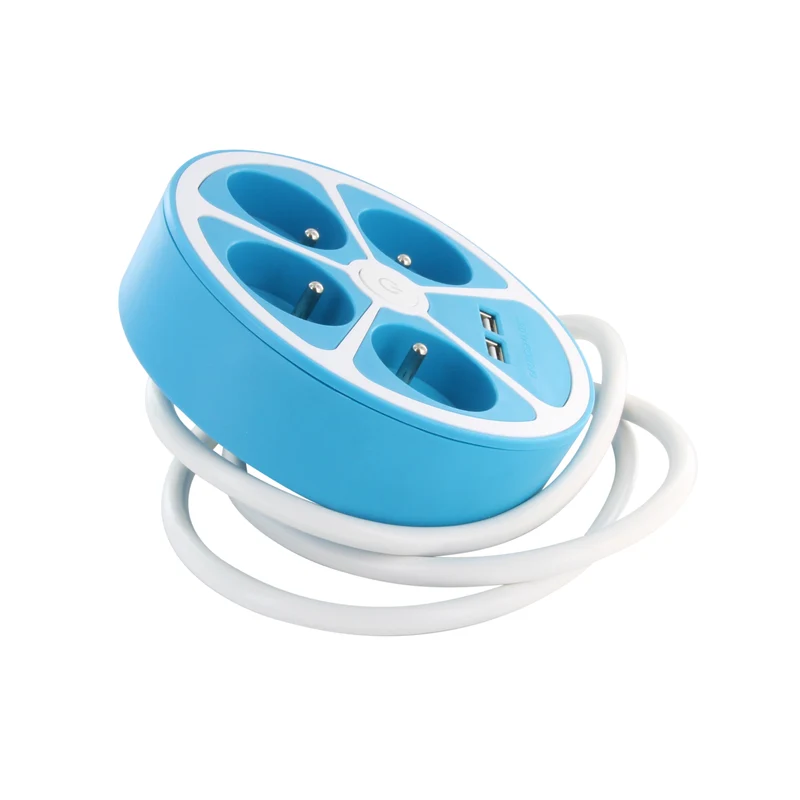 Circular design power strip 4X16 A 1.5m cord with 2 USB-A + switch - Blue