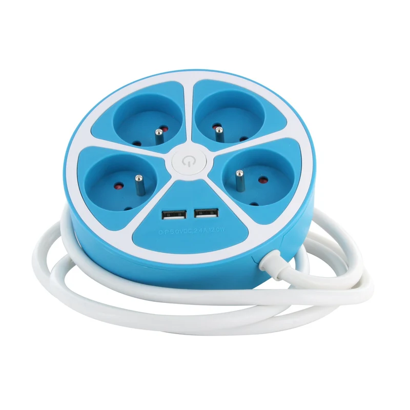Circular design power strip 4X16 A 1.5m cord with 2 USB-A + switch - Blue