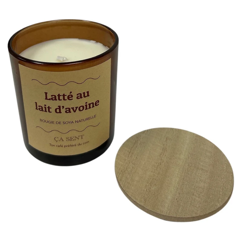 Bougie en pot en verre parfumée avec couvercle en bois, latté au lait d’avoine