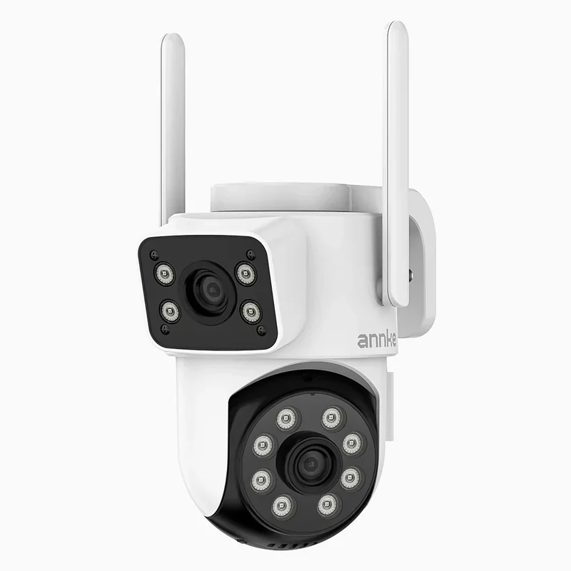 WCD220 - Caméra de Surveillance WiFi Extérieure Double Objectif 4MP, 350° Pan & 90° Tilt, WiFi 2,4 GHz, Détection Humaine, Vision Nocturne Double Éclairage, Sirène Active, Audio Bidirectionnel, Cloud & Carte MicroSD jusqu’à 128 Go, Compatible Alexa