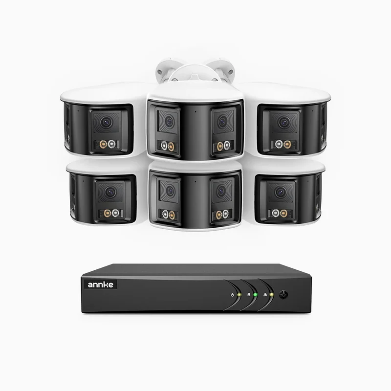 ACDK500 - Kit de surveillance filaire 3K à 8 canaux avec 6 caméras extérieures à double objectif, vue panoramique 180°, vision nocturne intelligente à double éclairage, Microphone Intégré, IP67 étanche