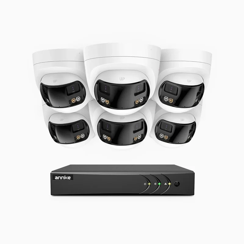 ACDK500 - Kit de surveillance filaire 3K à 8 canaux avec 6 caméras extérieures à double objectif, vue panoramique 180°, vision nocturne intelligente à double éclairage, Microphone Intégré, IP67 étanche