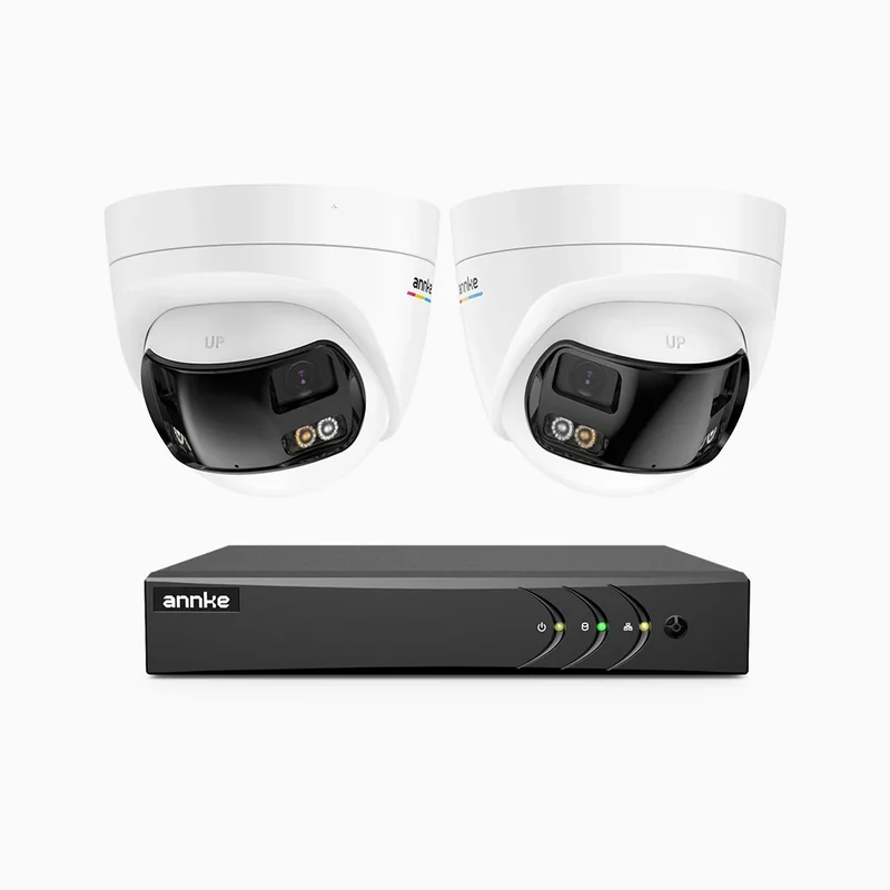 ACDK500 - Kit de surveillance filaire 3K à 8 canaux avec 2 caméras extérieures à double objectif, vue panoramique 180°, vision nocturne intelligente à double éclairage, Microphone Intégré, IP67 étanche
