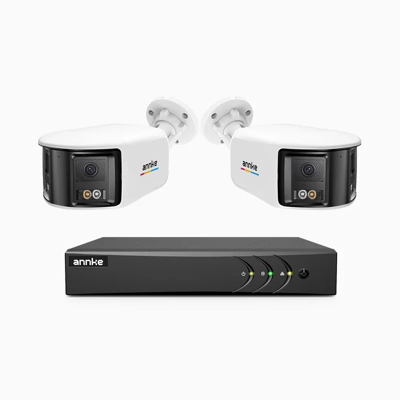 ACDK500 - Kit de surveillance filaire 3K à 8 canaux avec 2 caméras extérieures à double objectif, vue panoramique 180°, vision nocturne intelligente à double éclairage, Microphone Intégré, IP67 étanche