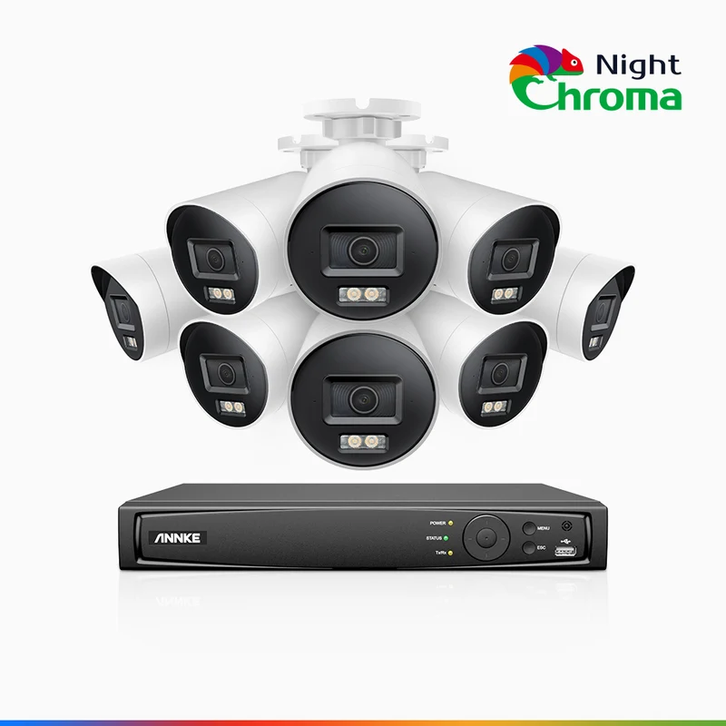 NightChroma™ NBRK800 - Kit de Surveillance 4K à 8 Canaux avec 8 Caméras, Alarme Rouge et Bleue, 3840x2160@25 fps, Vision Nocturne en Couleur et Infrarouge, Détection Personnes-Véhicules, Analyse Comportementale Intelligente, Audio Bidirectionnel, IP67