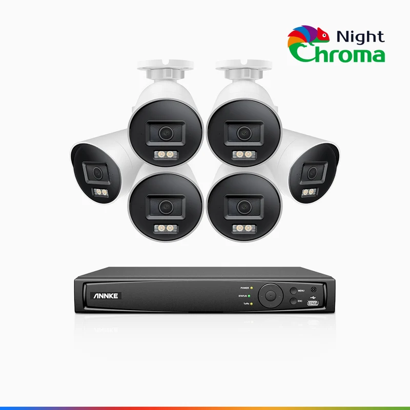 NightChroma™ NBRK800 - Kit de Surveillance 4K à 8 Canaux avec 6 Caméras, Alarme Rouge et Bleue, 3840x2160@25 fps, Vision Nocturne en Couleur et Infrarouge, Détection Personnes-Véhicules, Analyse Comportementale Intelligente, Audio Bidirectionnel, IP67