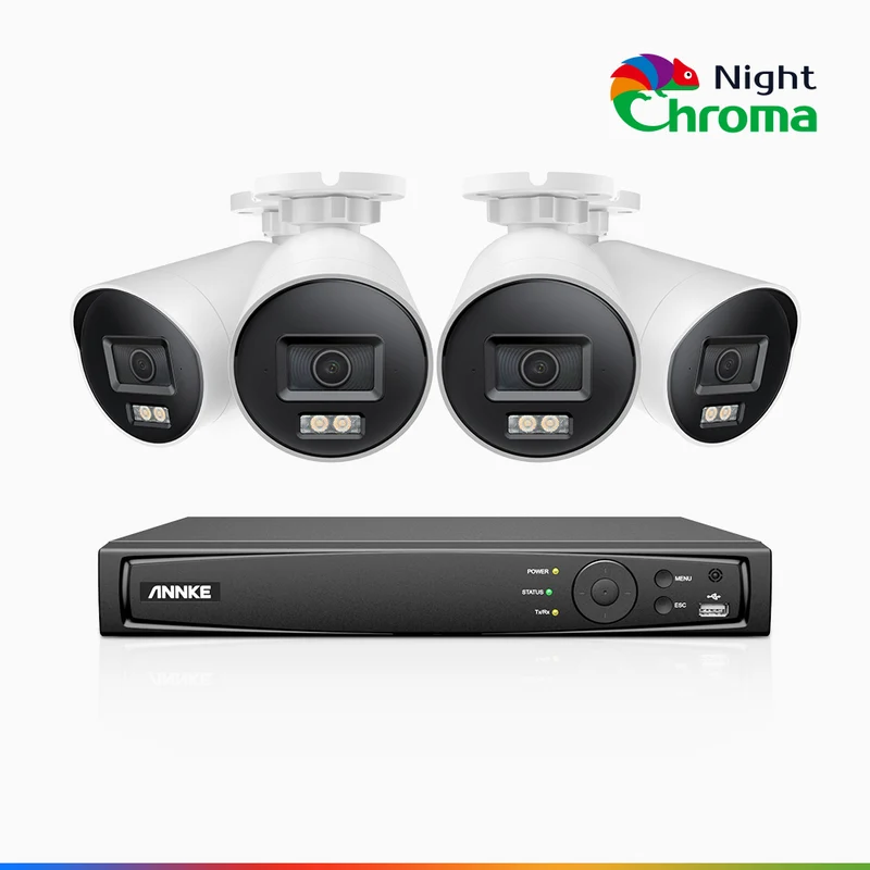 NightChroma™ NBRK800 - Kit de Surveillance 4K à 8 Canaux avec 4 Caméras, Alarme Rouge et Bleue, 3840x2160@25 fps, Vision Nocturne en Couleur et Infrarouge, Détection Personnes-Véhicules, Analyse Comportementale Intelligente, Audio Bidirectionnel, IP67
