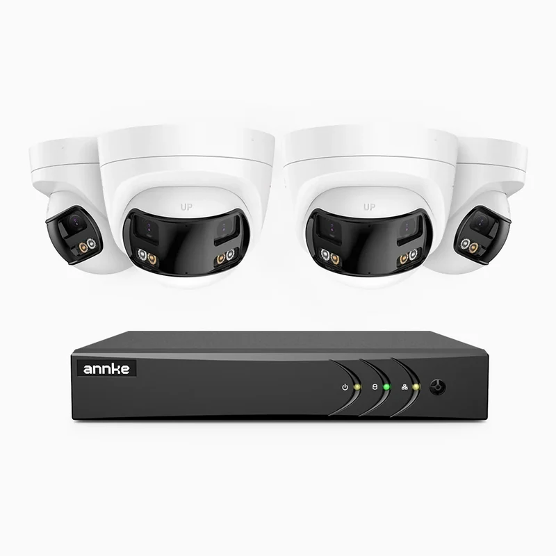 ACDK500 - Kit de surveillance filaire 3K à 8 canaux avec 4 caméras extérieures à double objectif, vue panoramique 180°, vision nocturne intelligente à double éclairage, Microphone Intégré, IP67 étanche