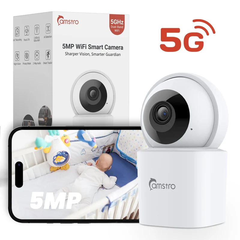 Caméra de Surveillance WiFi Intérieure PT 5MP Super HD, Panoramique & Inclinaison, Détection IA, Vision Nocturne, Audio Bidirectionnel, Sans Abonnement, Babyphone & Caméra pour Animaux