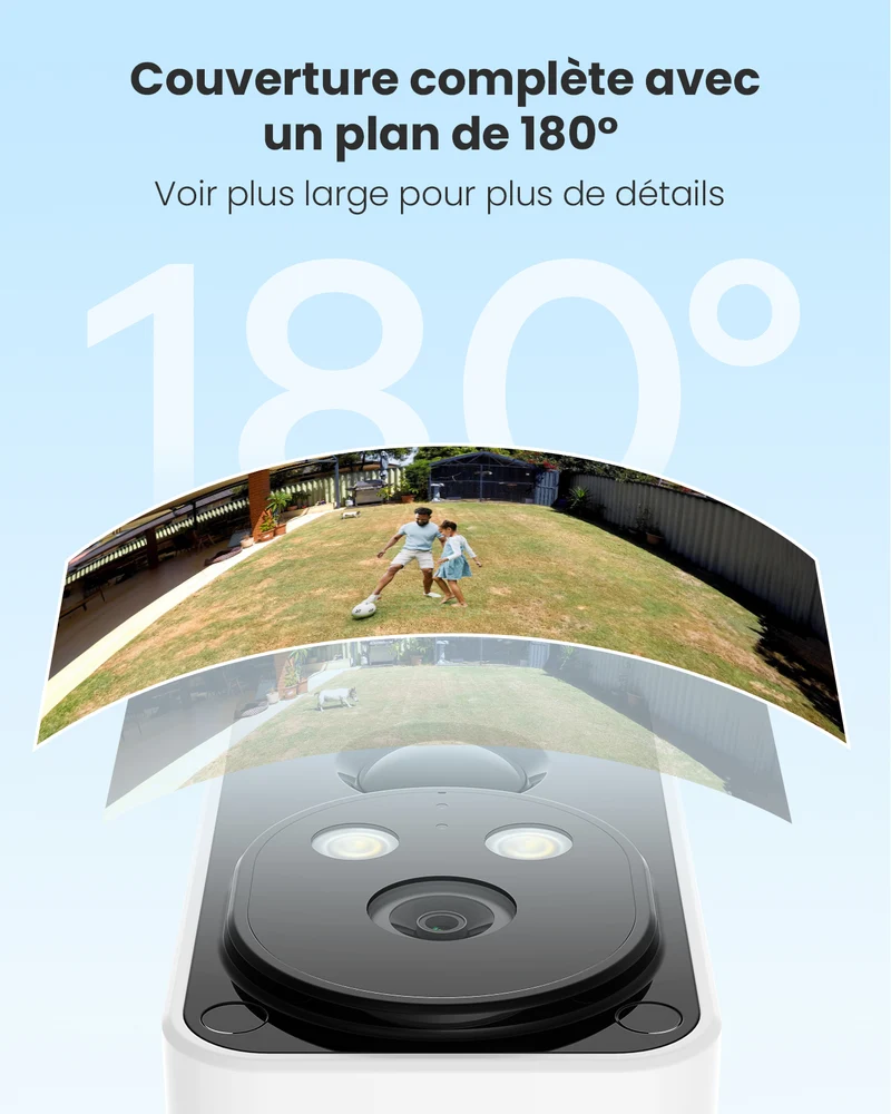 Caméra de surveillance extérieure 2K sans fil sur batterie, 180° Panoramique Wi-Fi intérieure/extérieure avec vision nocturne couleur, détection de mouvement PIR, audio bidirectionnel, stockage Cloud/carte SD, compatible Alexa, Wi-Fi 2,4 GHz