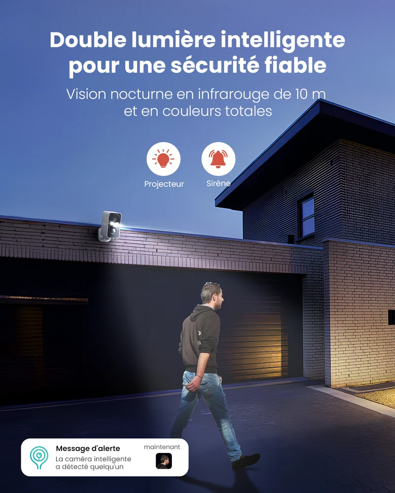 Caméra de surveillance extérieure 2K sans fil sur batterie, 180° Panoramique Wi-Fi intérieure/extérieure avec vision nocturne couleur, détection de mouvement PIR, audio bidirectionnel, stockage Cloud/carte SD, compatible Alexa, Wi-Fi 2,4 GHz