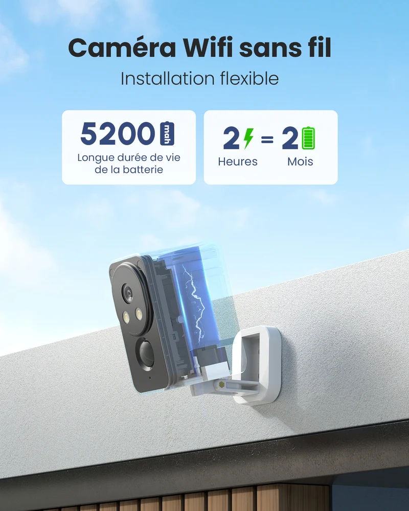 Caméra de surveillance extérieure 2K sans fil sur batterie, 180° Panoramique Wi-Fi intérieure/extérieure avec vision nocturne couleur, détection de mouvement PIR, audio bidirectionnel, stockage Cloud/carte SD, compatible Alexa, Wi-Fi 2,4 GHz
