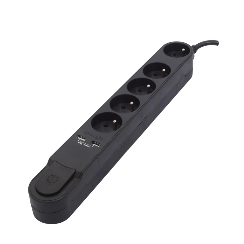 Stylish power strip 5 x 16 A with switch + 2 USB - 1.5 m - Black