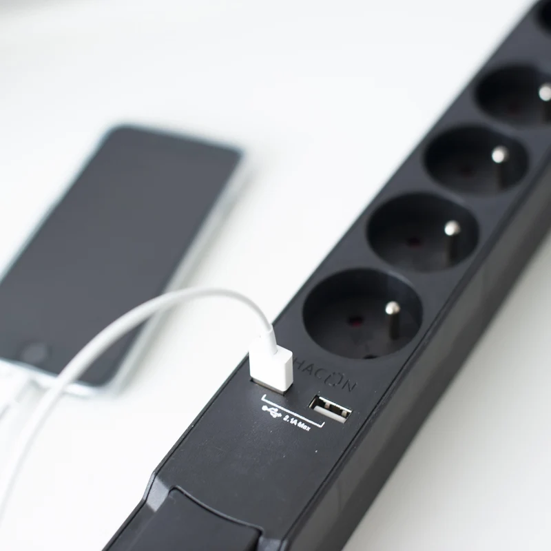 Stylish power strip 5 x 16 A with switch + 2 USB - 1.5 m - Black
