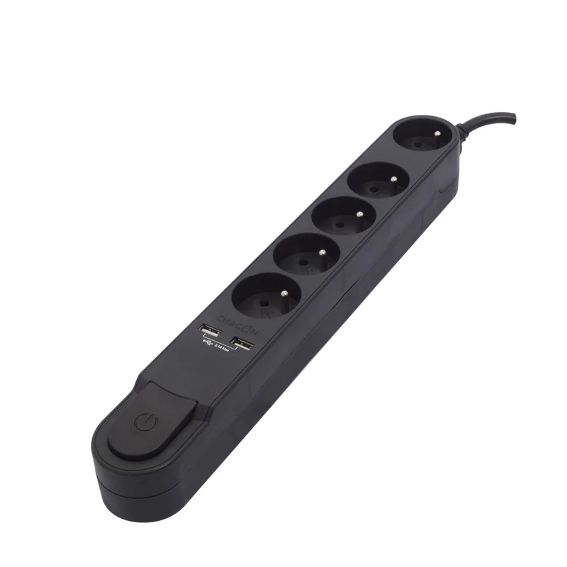 Stylish power strip 5 x 16 A with switch + 2 USB - 3 m - Black