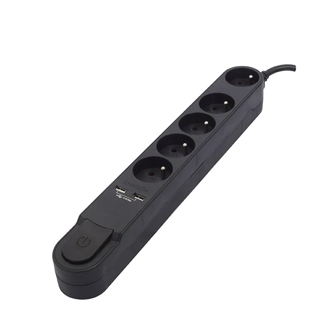 Stylish power strip 5 x 16 A with switch + 2 USB - 3 m - Black