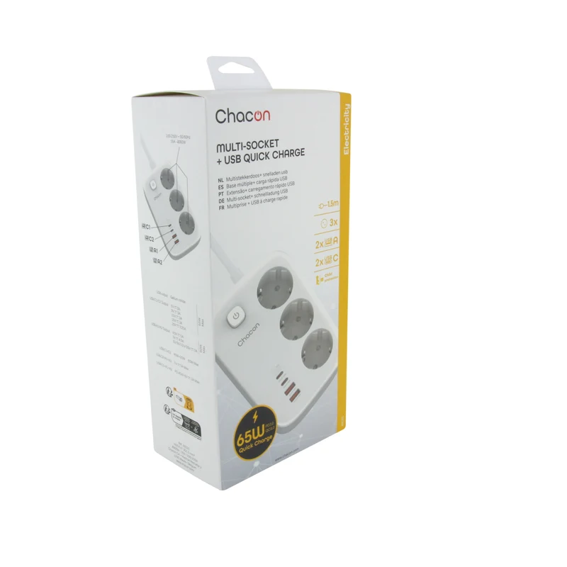 Compact 1.50m power strip with 3 x 16A Schuko, 2USB-C and 2USB-A sockets + switch - Fast charge