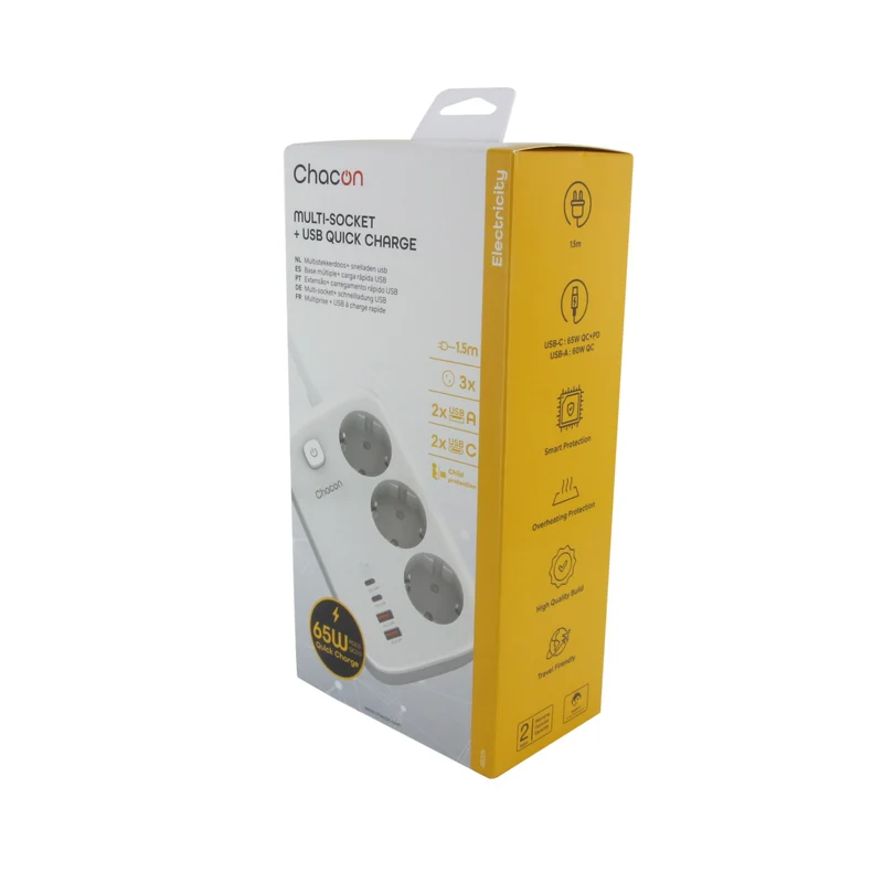 Compact 1.50m power strip with 3 x 16A Schuko, 2USB-C and 2USB-A sockets + switch - Fast charge
