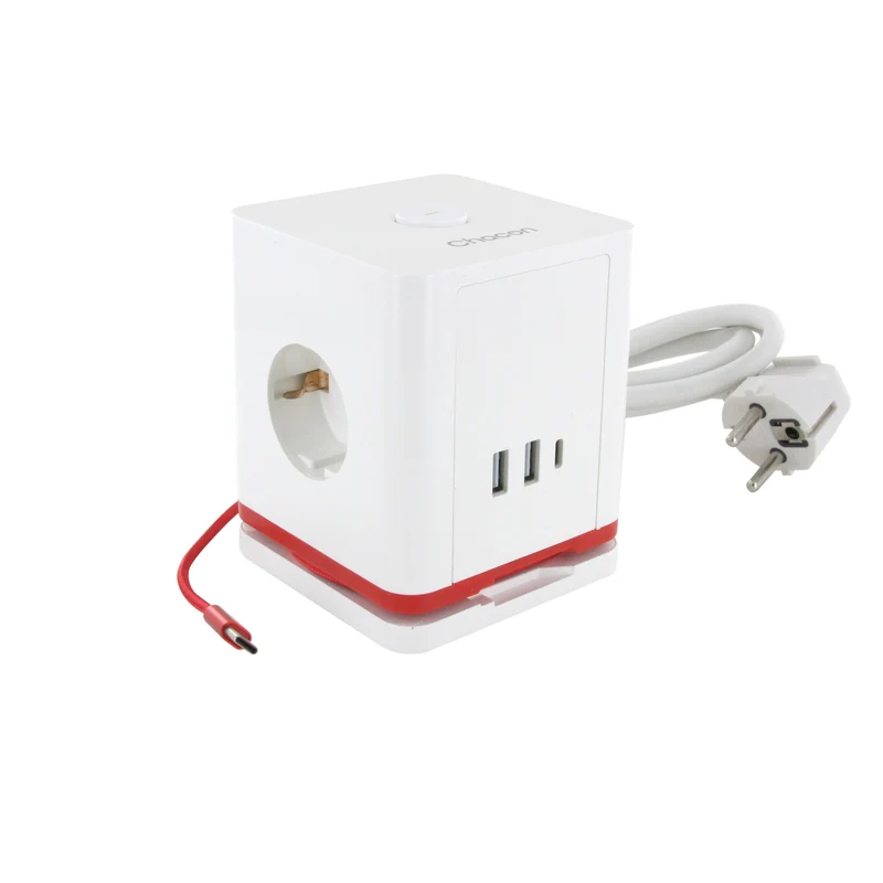 Chacon 1.40m multi-socket cube with 3 x 16A Schuko, 2USB-C and 2USB-A sockets, switch