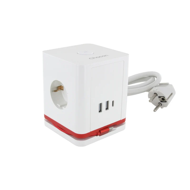 Chacon 1.40m multi-socket cube with 3 x 16A Schuko, 2USB-C and 2USB-A sockets, switch