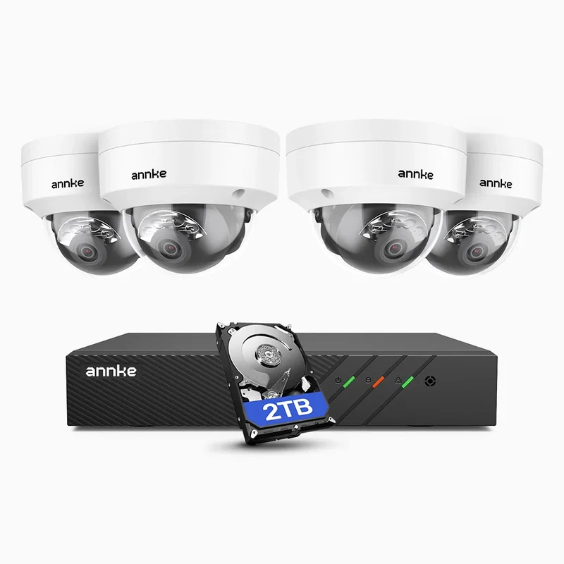 ANNKE Système de vidéosurveillance PoE 4K 8MP, 4 caméras IP 4K + enregistreur NVR 8 canaux 6MP, disque dur 2 To, détection des personnes et des véhicules, microphone intégré, vision nocturne couleur et infrarouge, compatible RTSP