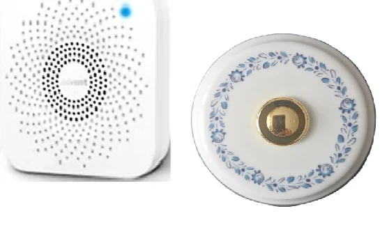 Sonnette sans fil porcelaine blanc bouton laiton avec motif et carillon