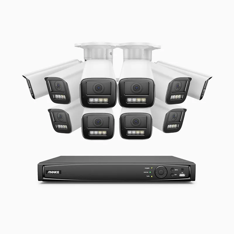 HZ804 - Kit de surveillance 4K à 16 canaux avec 10 PoE caméras, Zoom optique 4X, vision nocturne à deux lumières, détection de mouvement 2.0, Microphone intégré, sirène et alarme stroboscopique