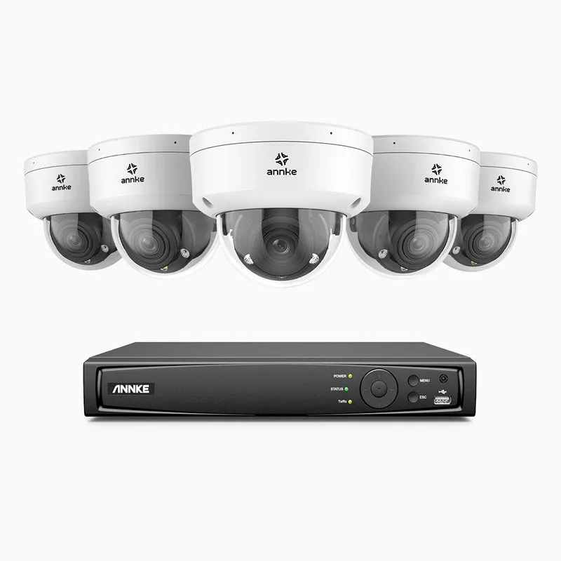 HZ804 - Kit de surveillance 4K à 8 canaux avec 5 PoE caméras, Zoom optique 4X, vision nocturne à deux lumières, détection de mouvement 2.0, Microphone intégré, sirène et alarme stroboscopique