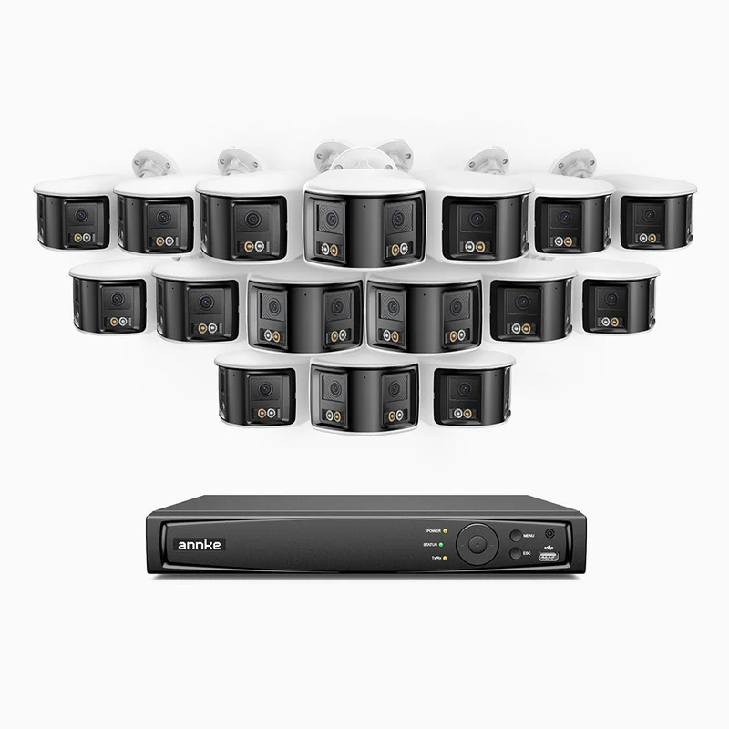 FDH800 - Kit de surveillance PoE 8MP à 16 canaux avec 16 caméras, double objectif, ultra grand angle 180°, vision nocturne intelligente à double éclairage, audio bidirectionnel, sirène et alarme actives, détection humaine et de véhicules, IP67