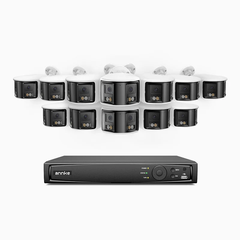 FDH800 - Kit de surveillance PoE 8MP à 16 canaux avec 12 caméras, double objectif, ultra grand angle 180°, vision nocturne intelligente à double éclairage, audio bidirectionnel, sirène et alarme actives, détection humaine et de véhicules, IP67