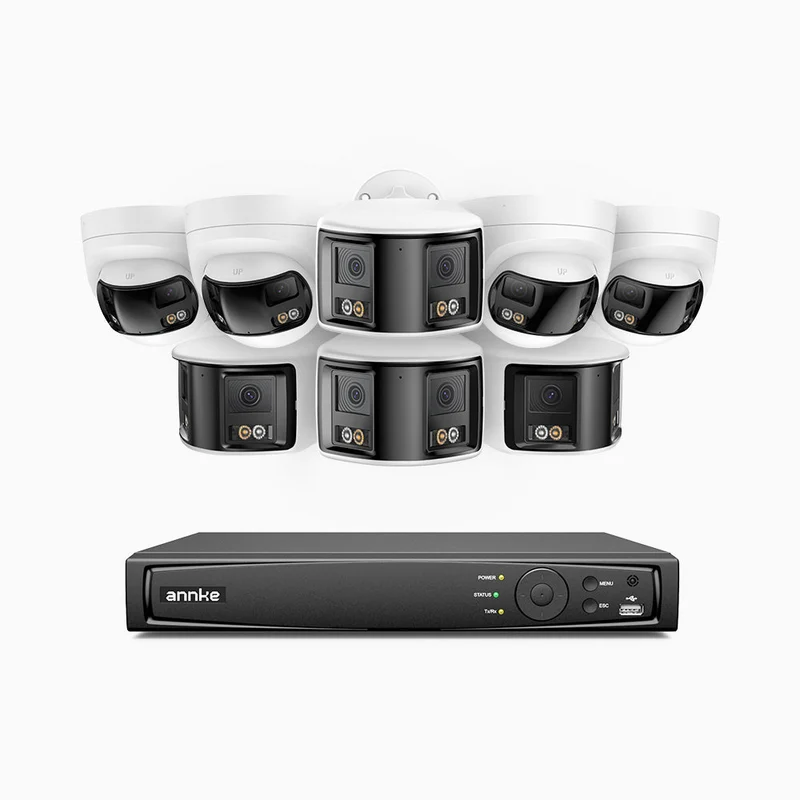 FDH800 - Kit de surveillance PoE 8MP à 8 canaux avec 4 caméras bullet et 4 caméras tourelle, double objectif, ultra grand angle 180°, vision nocturne intelligente à double éclairage, audio bidirectionnel, détection humaine et de véhicules, IP67