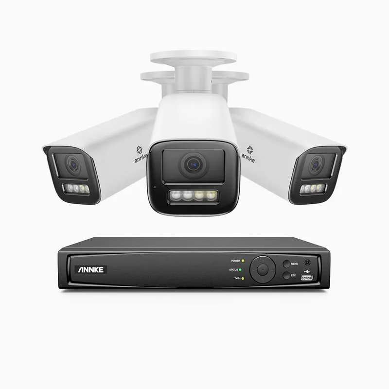 HZ804 - Kit de surveillance 4K à 8 canaux avec 3 PoE caméras, Zoom optique 4X, vision nocturne à deux lumières, détection de mouvement 2.0, Microphone intégré, sirène et alarme stroboscopique