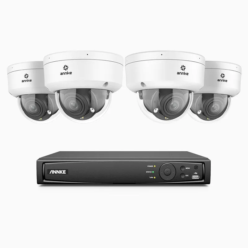 HZ804 - Kit de surveillance 4K à 8 canaux avec 4 PoE caméras, Zoom optique 4X, vision nocturne à deux lumières, détection de mouvement 2.0, Microphone intégré, sirène et alarme stroboscopique