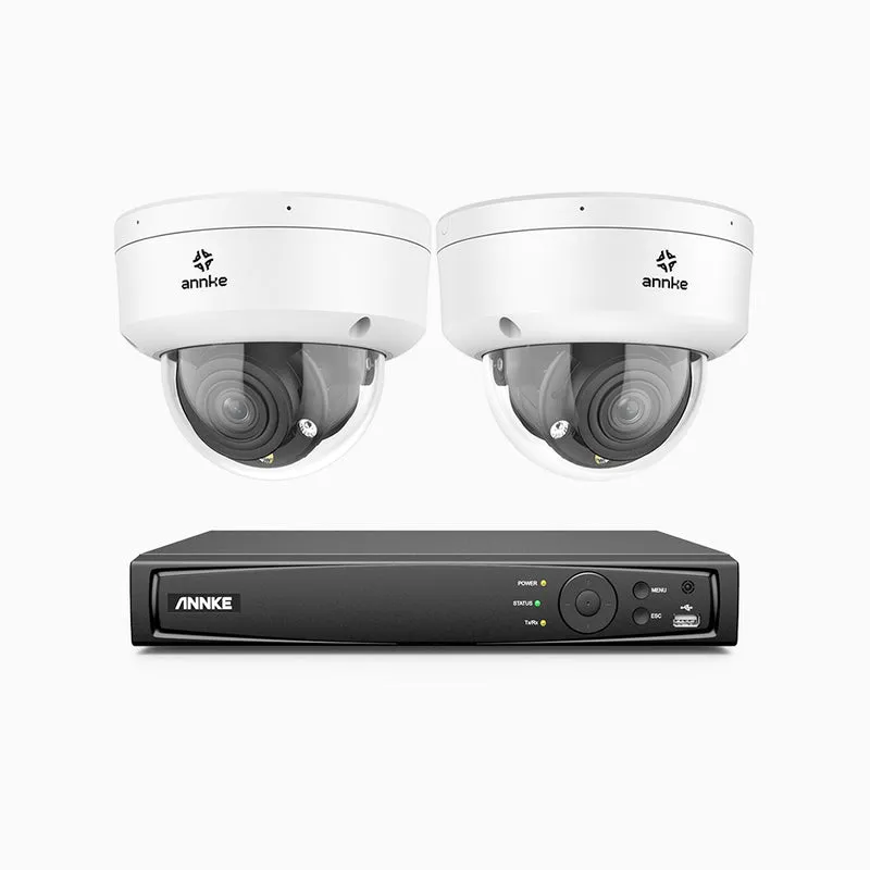 HZ804 - Kit de surveillance 4K à 8 canaux avec 2 PoE caméras, Zoom optique 4X, vision nocturne à deux lumières, détection de mouvement 2.0, Microphone intégré, sirène et alarme stroboscopique