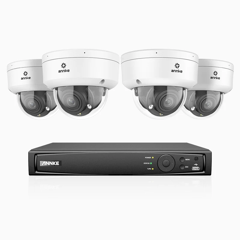 HZ804 - Kit de surveillance 4K à 4 canaux avec 4 PoE caméras, Zoom optique 4X, vision nocturne à deux lumières, détection de mouvement 2.0, Microphone intégré, sirène et alarme stroboscopique