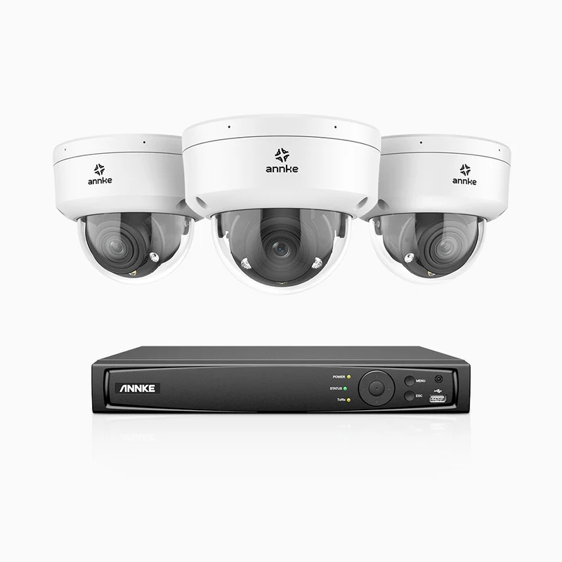 HZ804 - Kit de surveillance 4K à 4 canaux avec 3 PoE caméras, Zoom optique 4X, vision nocturne à deux lumières, détection de mouvement 2.0, Microphone intégré, sirène et alarme stroboscopique
