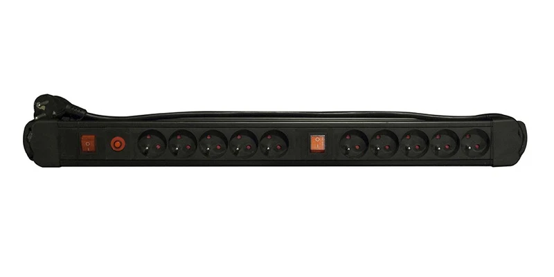 Black power strip with two switches - 10 x 16 A - 1.5 m